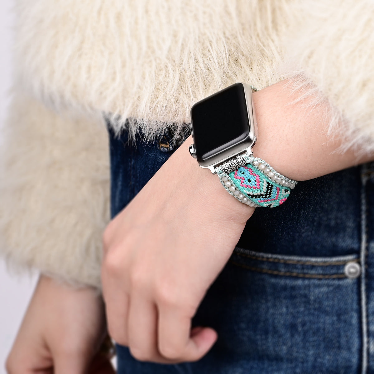 Mint Crystal Woven Apple Watch Strap
