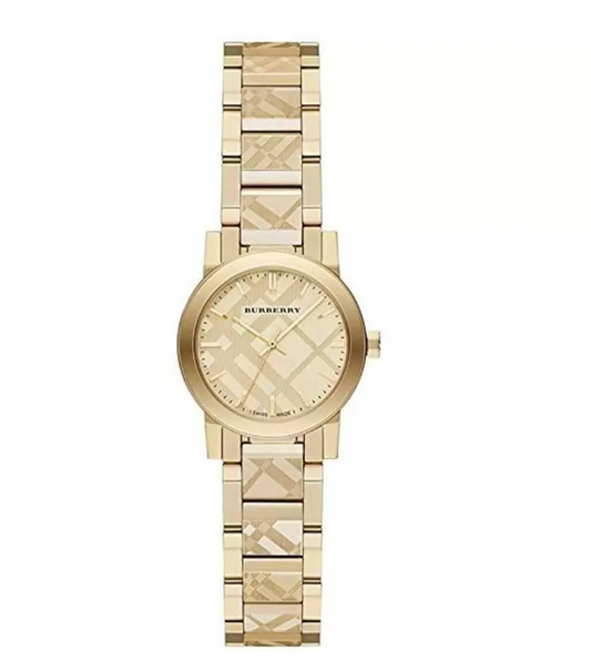 Burberry Ladies The City Engraved Check Gold 26mm Watch